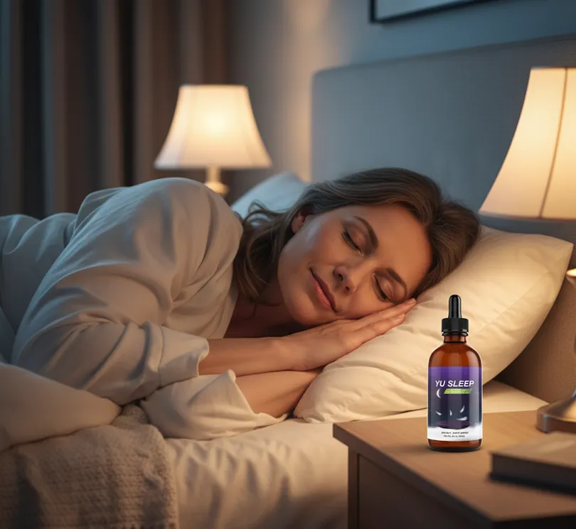 Yu Sleep supplement bottle on bedside table — woman sleeping peacefully